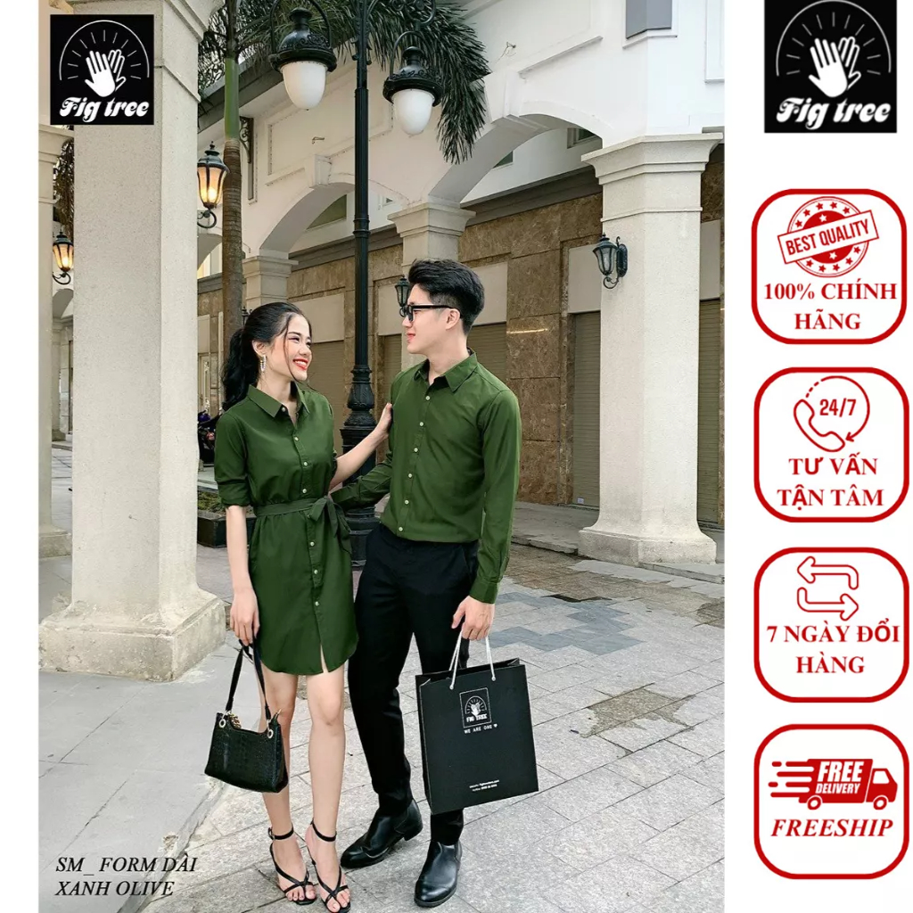 Set Sơ Mi Váy Đôi Fig Tree Màu Xanh Olive Siêu Cute