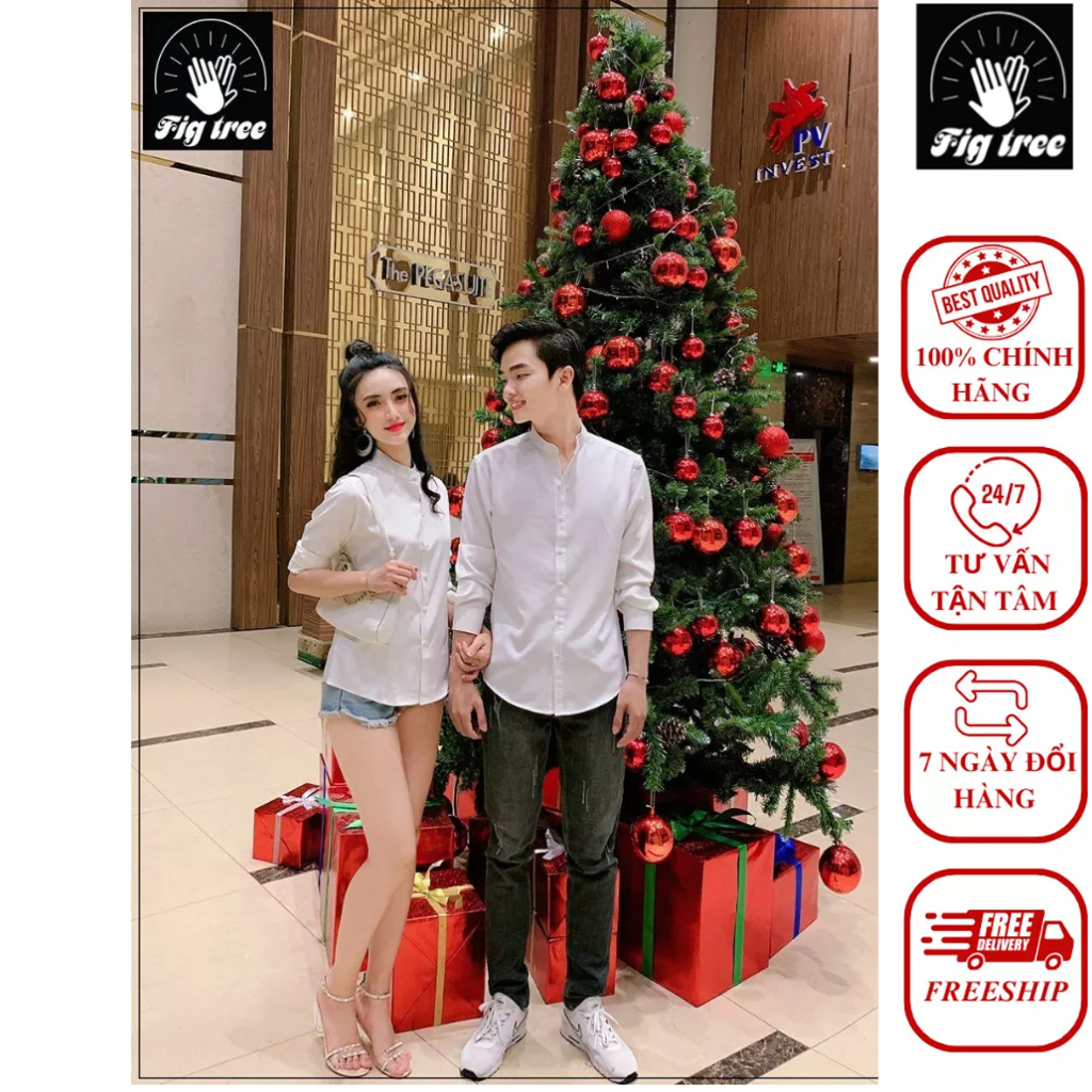 Áo Sơ Mi Cặp Fig Tree Màu Trắng Cổ Trụ, Hàng thiết kế, đồ đôi chất cotton ford dày dặn, size đến 110