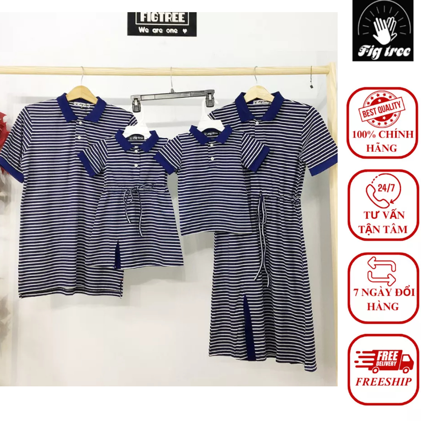 Combo áo gia đình Fig Tree polo sọc xanh đen trắng