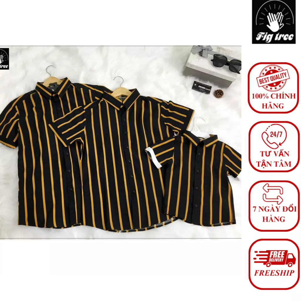 Áo Sơ Mi Gia Đình Tay Ngắn Fig Tree Sọc Vàng Nền Đen, Set Đồ Cho Gia Đình Đi Tiệc, Đi Chơi, MS 161