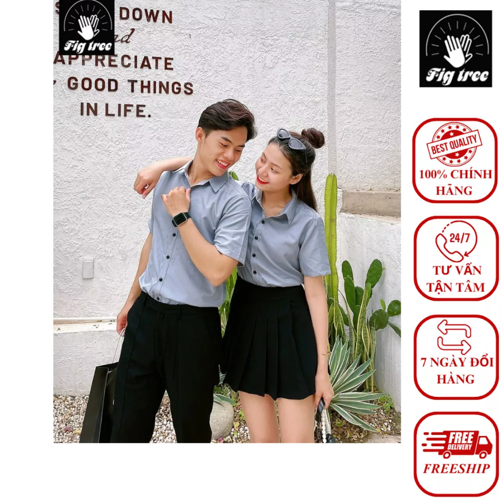 Áo Sơ Mi Cặp Nam Nữ, Đồng Phục Sơ Mi Fig Tree Màu Xám Tay Ngắn, Chất Cotton Trơn, Size 40-110kg