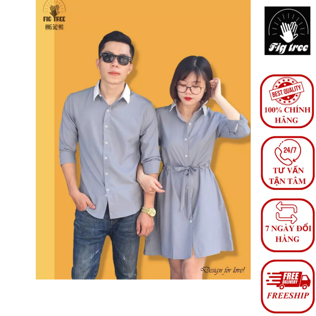 Set Sơ Mi Váy Đôi Fig Tree Màu Xám Phối Cổ Trắng Siêu Xinh