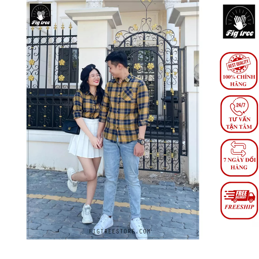 Set Áo Sơ Mi Cặp Fig Tree Sọc Caro Vàng Cotton Tươi Mới ( Mã 179B)