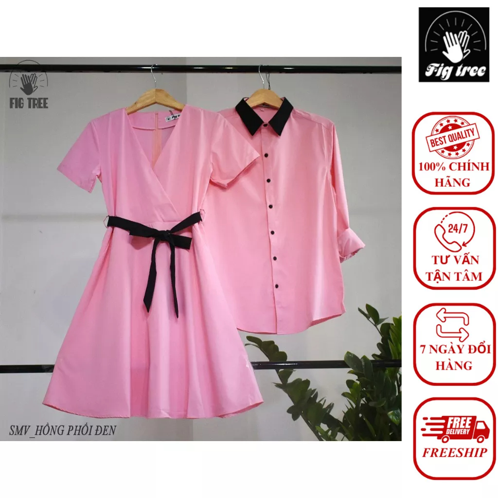 Set Sơ Mi Váy Fig Tree Màu Hồng Phối Cổ Đen Siêu Ngọt Ngào Cho Couple Chụp Hình Cưới, Đi Tiệc
