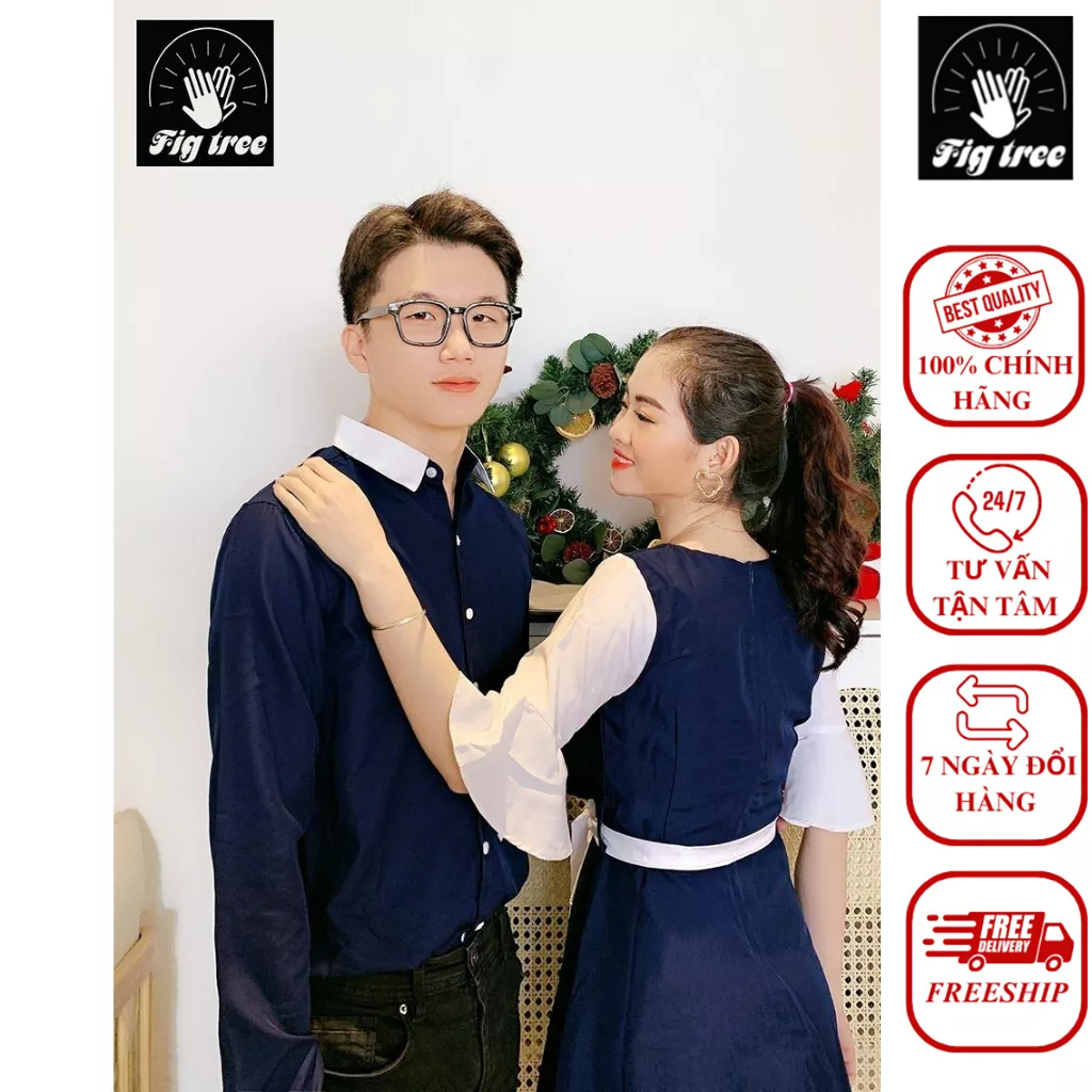Set Sơ Mi Váy Đôi Fig Tree Màu Xanh Đen Phối Trắng Siêu Dễ Thương