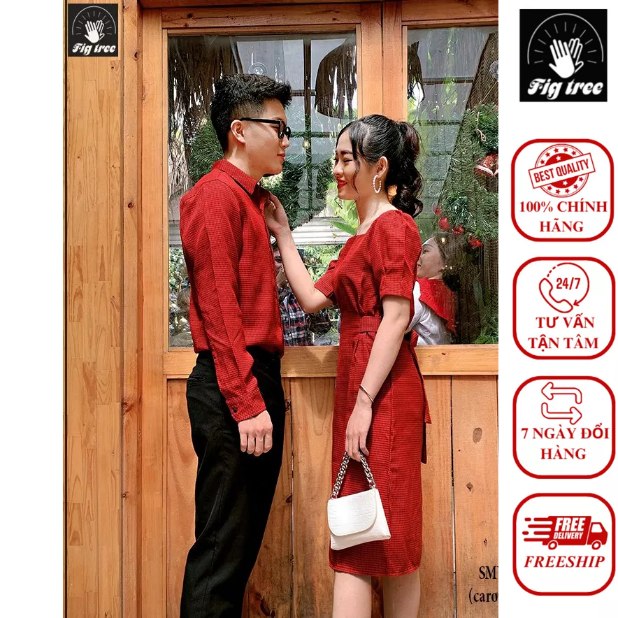 Set Sơ Mi Váy Đôi Fig Tree Caro Đỏ Nhí Mã 51D Hàng Thời Trang Thiết Kế Cao Cấp Kèm Cận Cảnh