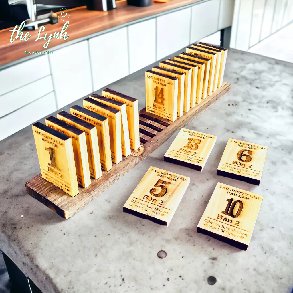 Thẻ bàn gỗ có khay quán cafe,nhà hàng (bộ 20 số kèm khay) - FREE LOGO