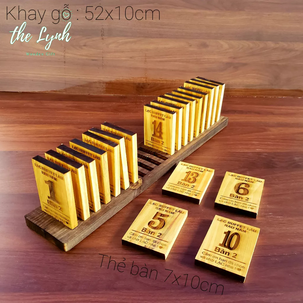 Thẻ bàn gỗ có khay quán cafe,nhà hàng (bộ 20 số kèm khay) - FREE LOGO