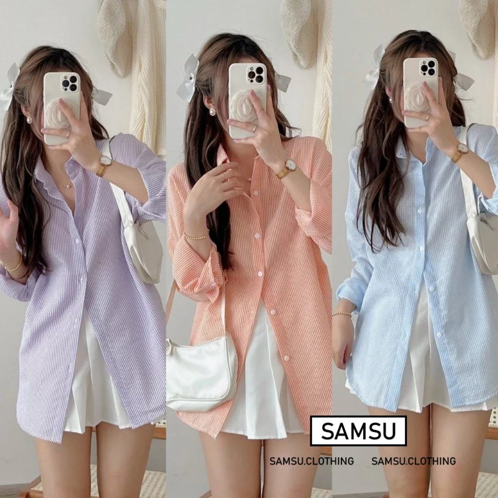 Áo Sơ Mi nữ form rộng Dài Tay Công Sở Chất Xốp Kẻ Sọc dễ mặc 3 màu ...