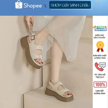 Dép quai hậu 2 quai bèo nhún , sandal quai hậu nữ đế nâu cao 3cm cực đẹp