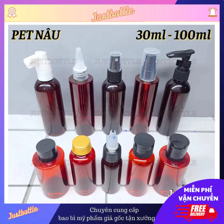 Chai Lọ Chiết Mỹ Phẩm Nâu 30Ml 50Ml 100Ml Giá Rẻ 🍀Vỏ Nhựa Pet Triết Mĩ Phẩm Dạng Vòi Nhấn Xịt Nhỏ Giọt Nắp Bật Nhọn Nhôm