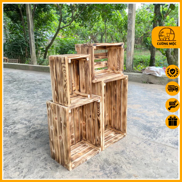 Thùng Gỗ Pallet Màu Khò Lửa Chống Mối Mọt - Hộp Gỗ Thông Đa Năng Decor Nhiều Size - TC Home