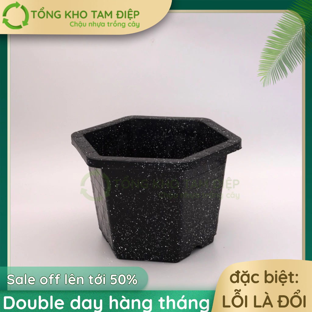 Chậu nhựa giả đá đen trồng hoa, cây cảnh hình lục giác đủ size ...