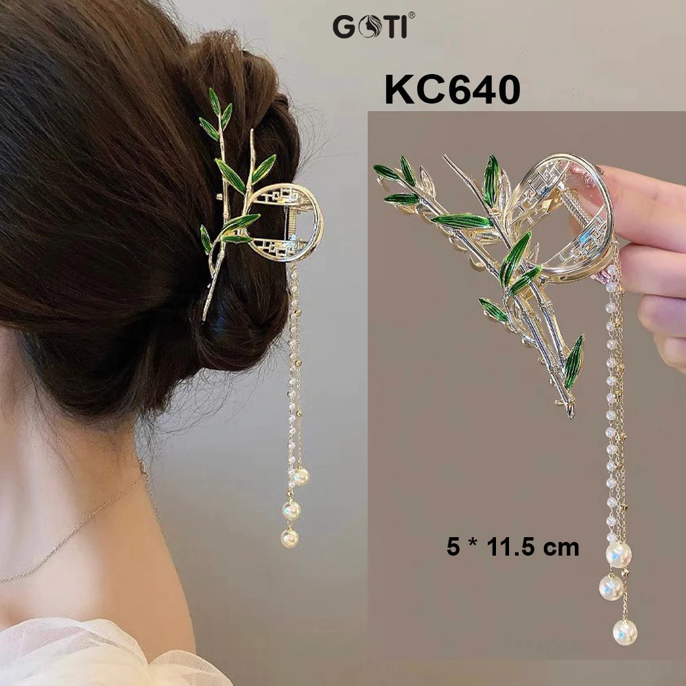 Kẹp Tóc GOTI Hình Lá Tre Xanh Tua Rua Hạt KC640 - Phụ Kiện Thanh Lịch & Sang Trọng