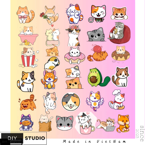 100 Sticker Mèo Neko trang trí điện thoại ly uống nước laptop hộp bút dụng cụ học tập.