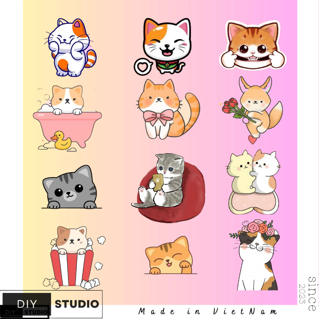 100 Sticker Mèo Neko trang trí điện thoại ly uống nước laptop hộp bút dụng cụ học tập.