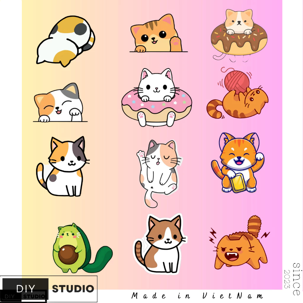 100 Sticker Mèo Neko trang trí điện thoại ly uống nước laptop hộp bút dụng cụ học tập.