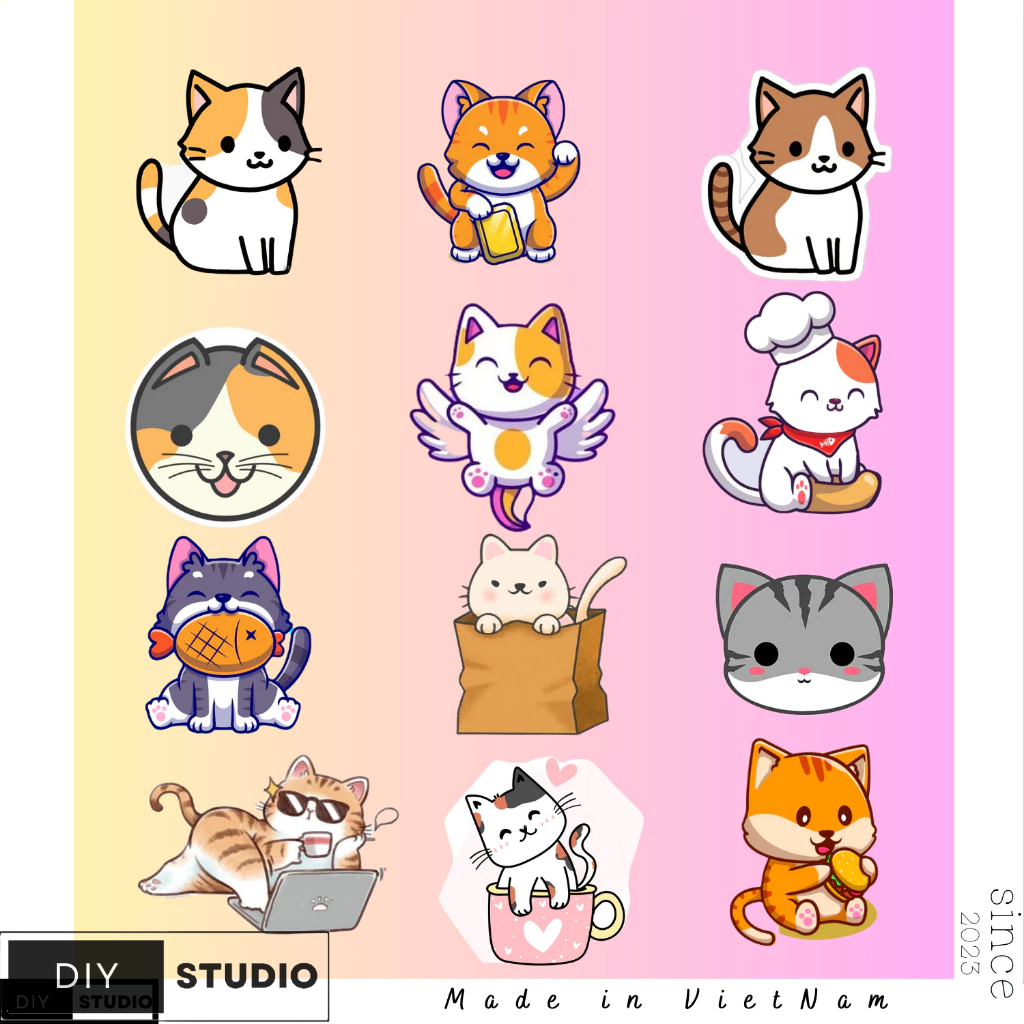 100 Sticker Mèo Neko trang trí điện thoại ly uống nước laptop hộp bút dụng cụ học tập.