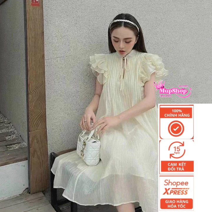 Đầm babydoll tay cánh tiên tằm xốp 2 lớp siêu nhẹ , váy bầu babydoll cánh tiên, đầm babydoll buộc nơ