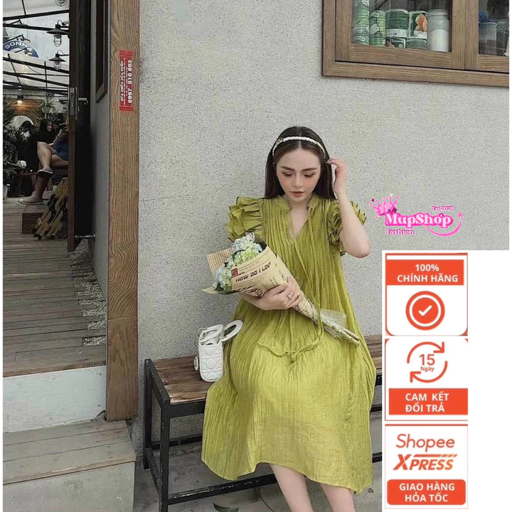 Đầm babydoll tay cánh tiên tằm xốp 2 lớp siêu nhẹ , váy bầu babydoll cánh tiên, đầm babydoll buộc nơ
