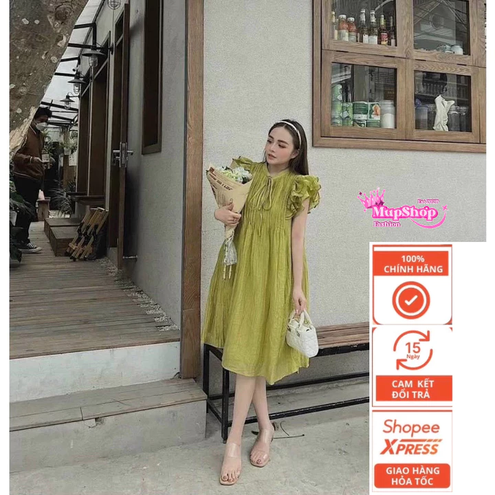 Đầm babydoll tay cánh tiên tằm xốp 2 lớp siêu nhẹ , váy bầu babydoll cánh tiên, đầm babydoll buộc nơ