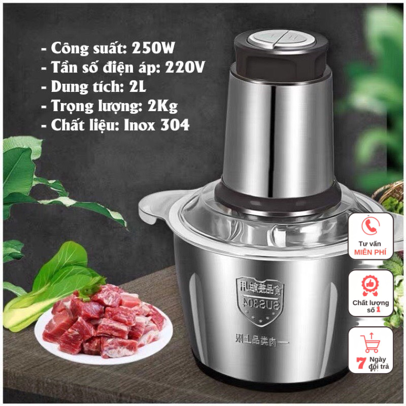 Máy Xay Thịt, Máy Xay Đa Năng Cối 2L inox Cầm Tay 2 Chế Độ 4 Lưỡi Dao Siêu Bền