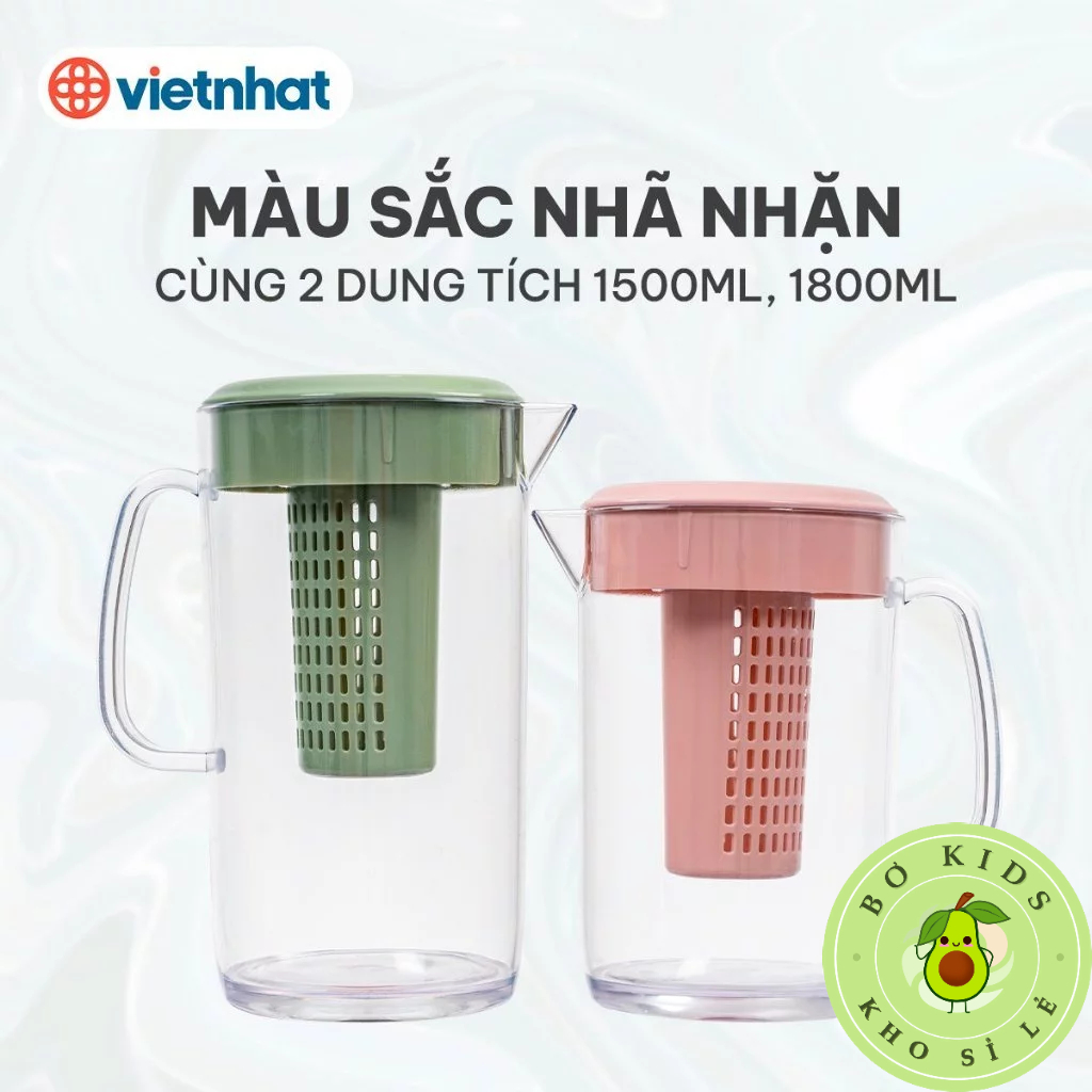 Ca kính có lọc 1,5L và 1,8L Nhựa Việt Nhật (6068) (6069) Bình đựng nước, Bình pha trà có lõi lọc AMIZIN