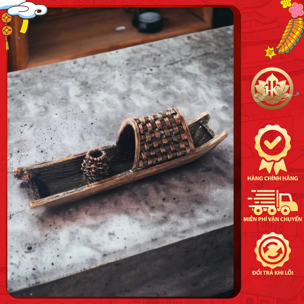 Thuyền đồng trang trí cắm nhang không tăm và đặt nụ (Kích Thước: 9.3cm x 2.9cm)