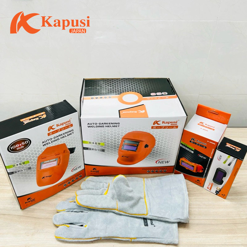 Phụ kiện dùng cho thợ hàn thương hiệu kapusi tools với kính hàn, mũ hàn, găng tay hàn cao cấp