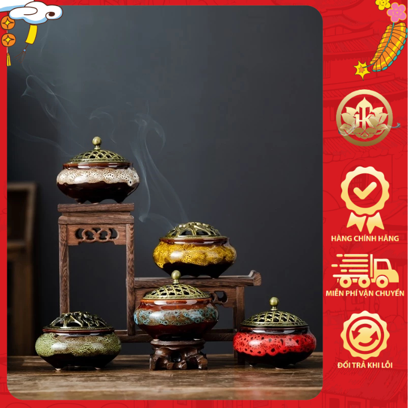 Lư xông trầm gốm sứ, đỉnh đốt trầm cao cấp tặng kèm lót chống cháy HKtramhuong