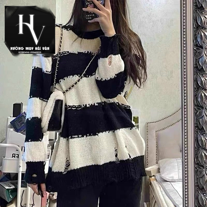 Áo len rách đen trắng phối màu cá tính | Shopee Việt Nam