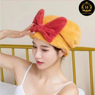 Mũ / Nón trùm đầu ủ tóc vải nhung Đính Nơ mềm mịn siêu thấm hút siêu xinh cho nữ