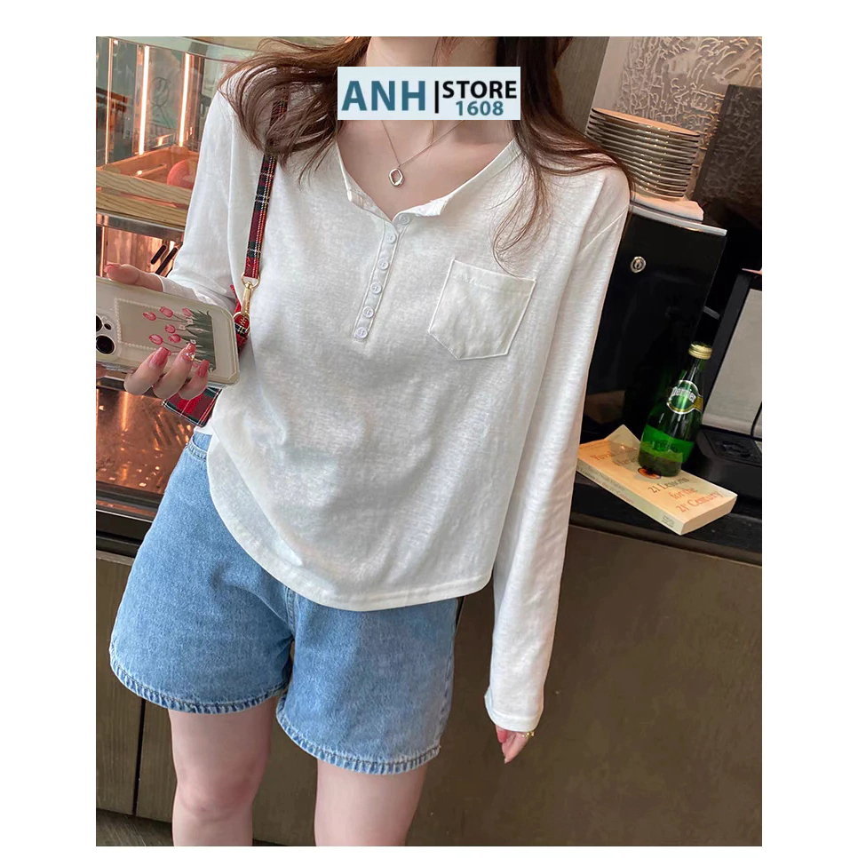 Áo thun nữ PHỐI TÚI DÀI TAY, lai bầu, xẻ trụ nút chất xược ANHSTORE ,tay dài nữ kiểu phom lửng phối nút vạt bầu pastel