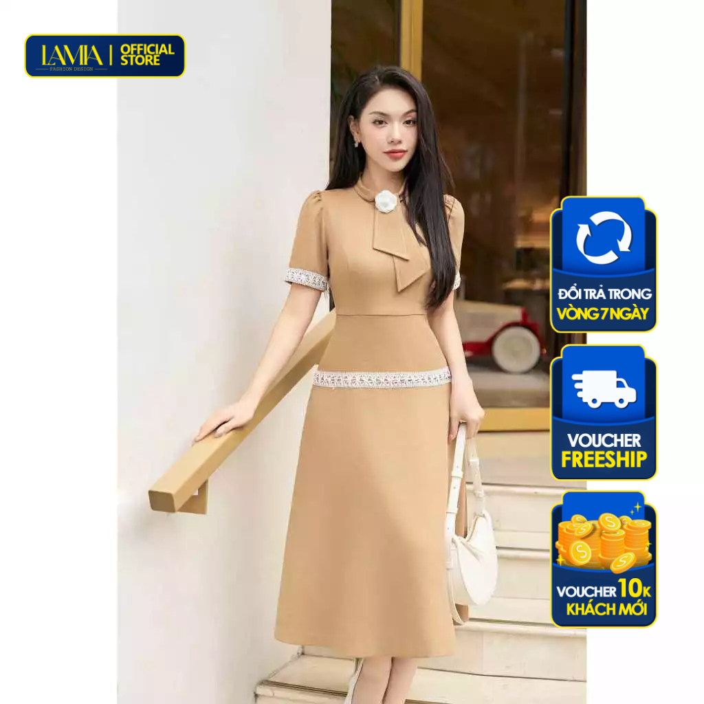 Đầm Lamia Design LD242 vải text, bản cổ đính nơ sang trọng | Shopee ...