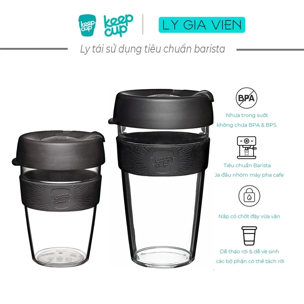 KeepCup Originele, lichtgewicht plastic herbruikbare koffiekop met spatwaterdicht Sipper Deksel - 16oz/454ml - Zwart