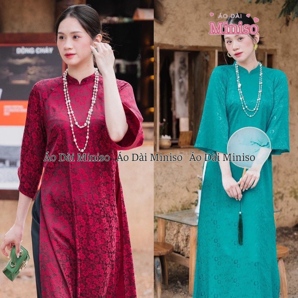 {Sẵn hàng} - Áo dài gấm dáng suông MINISO màu xanh ngọc và đỏ đô cổ 2p sang trọng