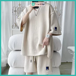 Bộ thể thao nam thêu logo vải xôp dày dặn, bộ đồ nam cổ tròn phong cách trẻ trung các tính - ATIMEN