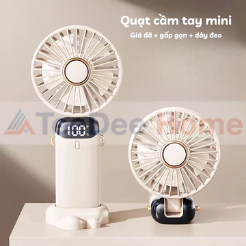 Quạt cầm tay mini sạc điện gấp gọn 5 cấp độ gió, quạt tích điện tích hợp giá đỡ điện thoại, quạt tích điện mini cầm tay
