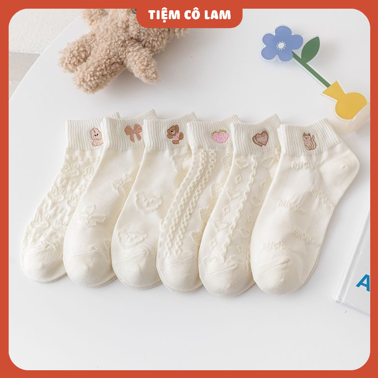 [QUA MẮT CÁ] Tất cổ thấp set trắng thêu hình hồng [tiệm vớ cô lam ...