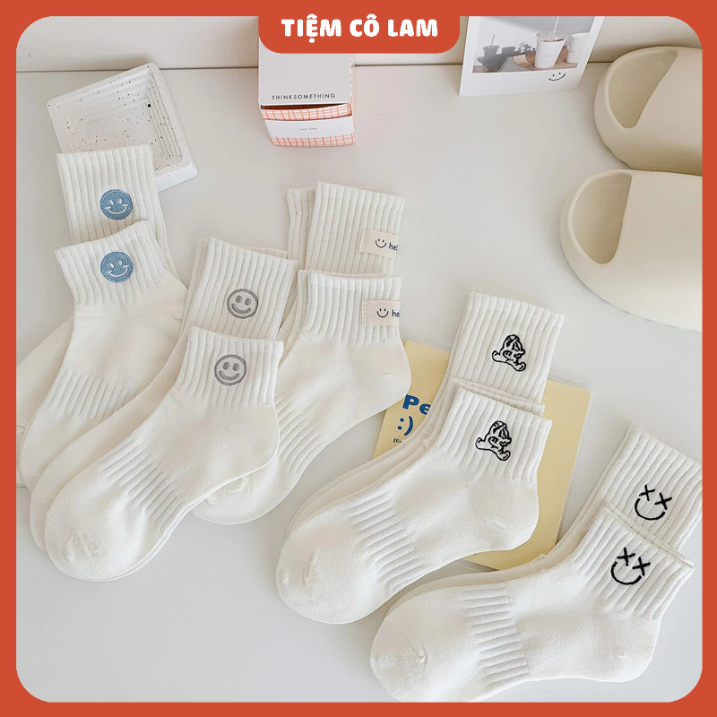[QUA MẮT CÁ] Tất trắng thêu mặt cười gân to [Tiệm vớ Cô Lam] | Shopee ...