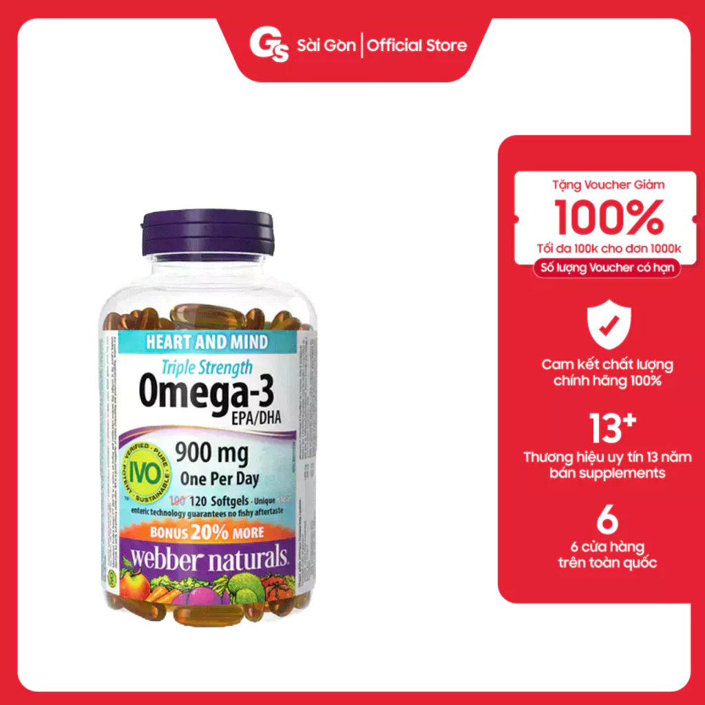Viên uống dầu cá ber Naturals Triple Strength Omega3 (900mg) Hỗ