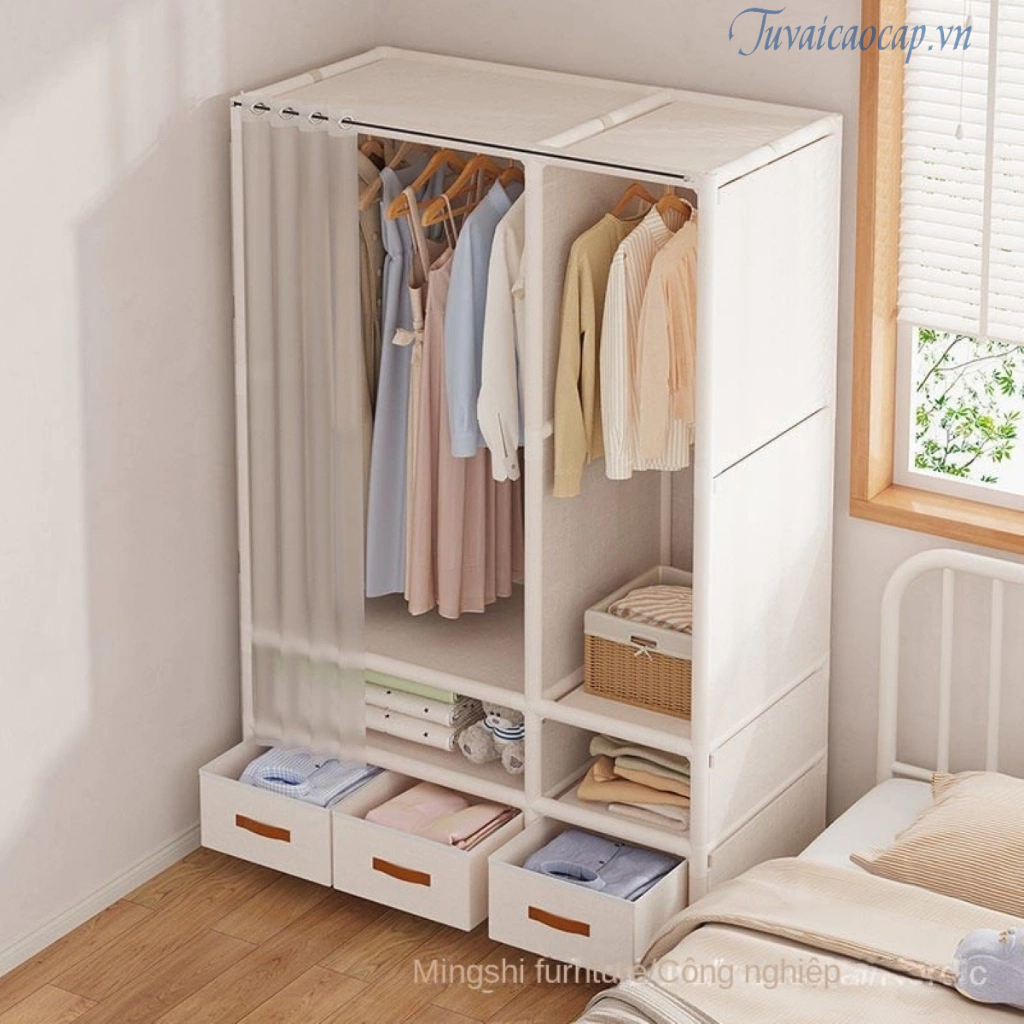 Tủ Kệ Treo Quần Áo Có Rèm Ngăn Kéo kệ tích hợp đa năng, tủ quần áo ...
