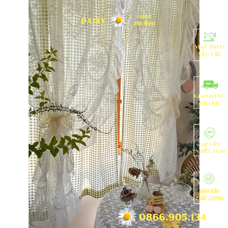 Rèm ren hai lớp tích hợp bèo nhún phong cách Hàn Quốc caro nhỏ màu xanh ...