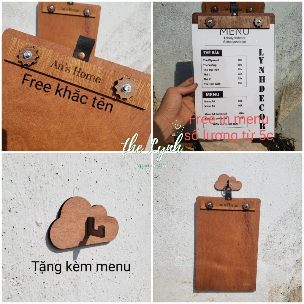 Bảng Gỗ Menu Móc Da - Free khắc logo + Móc treo