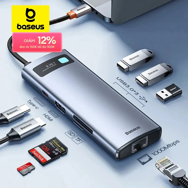 Chia Cổng Baseus 8 in 1 USB C Hub Type C sang Cổng Ethernet 4K HDMI PD 100W cho Dell USB 3.0 Xiaomi Samsung