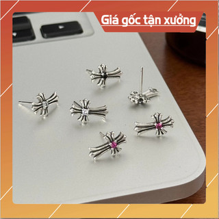 Bông tai unisex chrome heart cross bạc 925 đính đá fullbox.