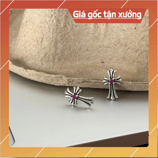 Bông tai unisex chrome heart cross bạc 925 đính đá fullbox.
