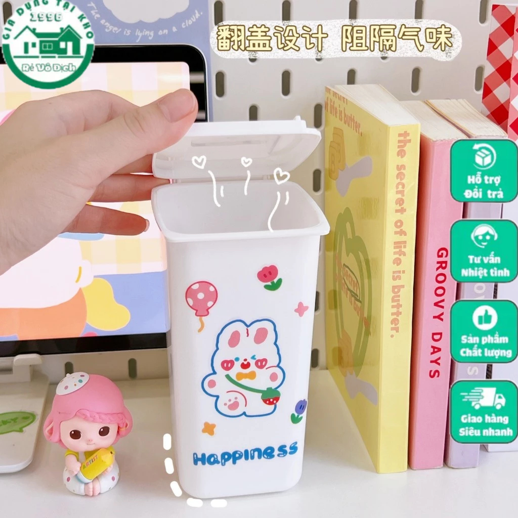 Thùng rác mini có nắp kèm sticker có thể đựng bút phụ kiện đa năng nhỏ ...