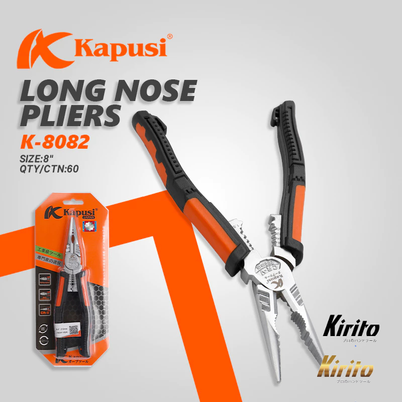Kìm nhọn đa năng 8inch 225mm KAPUSI Japan K-8082, thép CRV độ cứng cao lưỡi kìm sắc