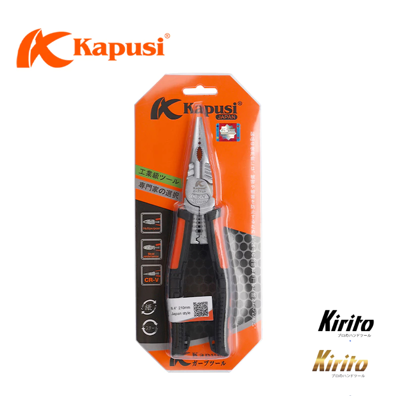 Kìm nhọn đa năng 8inch 225mm KAPUSI Japan K-8082, thép CRV độ cứng cao lưỡi kìm sắc